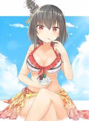 Rule 34 | 10s, 1girl, azuhira, bare legs, bikini, bikini top only, black hair, blue sky, bowl, breasts, cleavage, closed mouth, cloud, collarbone, crossed legs, day, eating, eyebrows, floral print, food, frilled bikini, frills, hair between eyes, headgear, holding, holding bowl, kantai collection, looking at viewer, medium breasts, outside border, red hair, red ribbon, ribbon, sarong, shaved ice, short hair, side-tie bikini bottom, sky, smile, solo, spoon, swimsuit, thighs, yamashiro (kancolle)