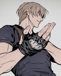 Rule 34 | 1boy, black gloves, black shirt, blonde hair, fingerless gloves, from below, from side, gloves, grey background, holster, korean commentary, leon s. kennedy, looking ahead, male focus, muscular, muscular male, resident evil, resident evil 4, resident evil 4 (remake), ryeon (gs oik), shirt, short hair, solo, upper body