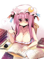 Rule 34 | 1girl, ?, bespectacled, blush, book, book stack, breasts, chair, cleavage, female focus, nib pen (object), glasses, hat, hexagram, highres, holding, ink, ink bottle, ink pen, large breasts, long hair, maturiuta sorato, open book, patchouli knowledge, pen, purple eyes, purple hair, rimless eyewear, sitting, solo, spoken question mark, sweat, table, touhou