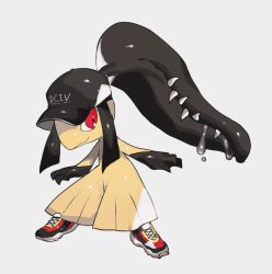 Rule 34 | bad id, bad twitter id, baseball cap, black hair, black hat, closed mouth, clothed pokemon, clothes writing, creatures (company), drooling, extra mouth, full body, game freak, gen 3 pokemon, grey background, happy, hat, mawile, multicolored footwear, newo (shinra-p), nintendo, no humans, pokemon, pokemon (creature), red eyes, saliva, sharp teeth, shiny skin, shoes, simple background, smile, solo, standing, teeth