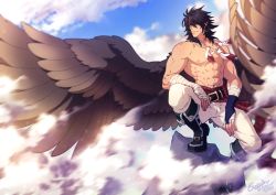 Rule 34 | 1boy, abs, bara, black hair, bulge, cloud, cloudy sky, crescentia fortuna, feather necklace, feathered wings, fire emblem, fire emblem: radiant dawn, full body, large pectorals, leather, leather pants, looking to the side, male focus, medium hair, muscular, muscular male, navel, nintendo, nipples, pants, pectorals, pointy ears, scar, scar on chest, topless male, sidelocks, sky, solo, spread wings, squatting, stomach, tibarn (fire emblem), white pants, wings, yellow eyes