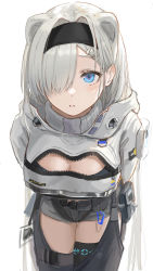 Rule 34 | absurdres, animal ears, arknights, arms behind back, aurora (arknights), bear ears, black hairband, blue eyes, blush, breasts, cleavage, cowboy shot, crop top, extra ears, grey hair, grey shorts, greyscale, hair ornament, hair over one eye, hairband, hairclip, highres, infection monitor (arknights), large breasts, leaning forward, long hair, long sleeves, looking at viewer, monochrome, neon trim, parted lips, pouch, short shorts, shorts, tadano tarako, unzipped
