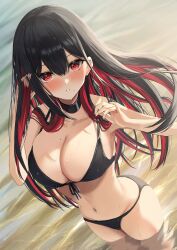 Rule 34 | 1girl, absurdres, amane sora, bikini, black bikini, black hair, blush, breasts, cleavage, colored inner hair, highres, large breasts, long hair, looking at viewer, mole, mole on breast, multicolored hair, navel, original, parted lips, red eyes, red hair, solo, stomach, swimsuit, wading