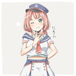 Rule 34 | 1girl, anchor symbol, bang dream!, beige background, black choker, choker, green eyes, grin, hand on own hip, hat, jewelry, looking at viewer, medium hair, midriff peek, neckerchief, necklace, off-shoulder shirt, off shoulder, one eye closed, peaked cap, pink hair, red neckerchief, riai (onsen), sailor collar, shirt, short sleeves, simple background, skirt, smile, solo, translation request, twintails, uehara himari, undershirt, v