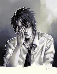 Rule 34 | 1boy, black hair, dress shirt, final fantasy, final fantasy vii, frown, hand on own face, highres, looking to the side, messy hair, necktie, red eyes, shirt, short hair, soan9, square enix, turks (ff7), vincent valentine