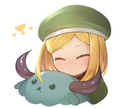 Rule 34 | 1girl, babe (fate), beret, blonde hair, blush, bull, closed eyes, fate/grand order, fate (series), green hat, hat, holy grail (fate), paul bunyan (fate), short hair, simple background, smile, teko, upper body, white background