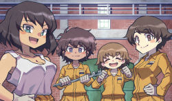 Rule 34 | 4girls, absurdres, black hair, blue eyes, bob cut, brick wall, brown eyes, brown hair, clenched hands, closed eyes, closed mouth, clothes around waist, commentary, dark-skinned female, dark skin, freckles, girls und panzer, gloves, green eyes, hand on own hip, highres, holding, holding wrench, hoshino (girls und panzer), indoors, jumpsuit, long sleeves, looking at viewer, mechanic, multiple girls, nakachiruno, nakajima (girls und panzer), open mouth, orange jumpsuit, shirt, short hair, smile, standing, suzuki (girls und panzer), tank top, tsuchiya (girls und panzer), uniform, white gloves, white shirt, wrench