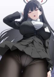 Rule 34 | 1girl, black hair, black jacket, black pantyhose, black skirt, blue archive, breasts, bright pupils, commentary request, hair ornament, hairclip, halo, highres, id card, jacket, large breasts, long hair, looking at viewer, makiri akira, panties, panties under pantyhose, pantyhose, pleated skirt, red eyes, rio (blue archive), skirt, solo, sweater, turtleneck, turtleneck sweater, underwear, very long hair, white pupils, white sweater