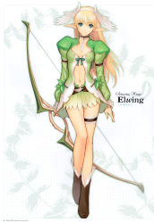 Rule 34 | 1girl, absurdres, artist name, blonde hair, blue eyes, boots, bow, bow (weapon), breasts, bridal garter, brown footwear, character name, collar, detached sleeves, dress, elf, elwing, feathers, frills, gradient clothes, hair ornament, hairband, head wings, highres, holding, holding bow (weapon), holding weapon, long hair, long legs, long sleeves, looking at viewer, medium breasts, official art, pointy ears, puffy sleeves, scan, shining (series), shining tears, solo, thigh strap, thighs, tony taka, weapon, wings