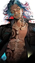 Rule 34 | 1boy, black jacket, blue hair, chest tattoo, collarbone, grin, highres, jacket, long hair, looking at viewer, looking down, male focus, miyuki nknk, muscular, neck tattoo, open clothes, open jacket, pectorals, shiba taiju, smile, solo, tattoo, tokyo revengers, upper body, v-shaped eyebrows, white background, yellow eyes