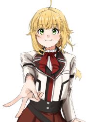 Rule 34 | 1girl, ahoge, black corset, blonde hair, closed mouth, corset, eyebrows hidden by hair, flat chest, green eyes, gyaru v, hair between eyes, highres, jacket, light smile, long hair, looking at viewer, mushoku tensei, neckerchief, norn greyrat, pleated skirt, ranoa magic academy school uniform, red neckerchief, red skirt, school uniform, shushu88514049, simple background, sketch, skirt, solo, upper body, v, white background, white jacket
