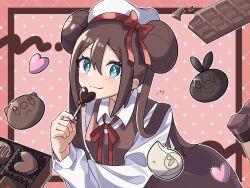 Rule 34 | 1girl, absurdres, alternate costume, blush, bow, bright pupils, brown dress, brown hair, candy, chocolate, chocolate bar, closed mouth, commentary, creatures (company), double bun, dress, eyelashes, food, game freak, gen 5 pokemon, green eyes, hair between eyes, hair bun, hand up, hat, hat bow, highres, holding, jayj 824, long hair, long sleeves, looking at viewer, nail polish, nintendo, oshawott, pokemon, pokemon bw2, red bow, rosa (pokemon), shirt, smile, snivy, solo, symbol-only commentary, tepig, twintails, white hat, white pupils, white shirt