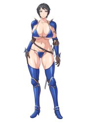 Rule 34 | 1girl, armor, armored boots, bikini armor, black hair, blue armor, blue eyes, boots, breasts, brown choker, brown gloves, choker, cleavage, closed mouth, collarbone, commentary request, commission, elbow gloves, full body, gauntlets, gloves, gluteal fold, groin, hand on own thigh, high heel boots, high heels, highres, large breasts, looking at viewer, navel, original, ozaneko, scabbard, sheath, sheathed, short hair, shoulder pads, sidelocks, simple background, skeb commission, skindentation, smile, solo, standing, stomach, swept bangs, sword, tachi-e, tomboy, toned, warrior, weapon, white background