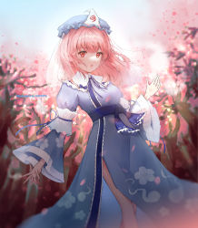 Rule 34 | 1girl, :d, bloom, blurry, breasts, cherry blossoms, feet out of frame, frills, hat, highres, ichita (yixisama-shihaohaizhi), japanese clothes, kimono, long sleeves, looking at viewer, medium breasts, mob cap, neck ribbon, obi, open mouth, petals, pink hair, red eyes, ribbon, saigyouji yuyuko, sash, short hair, smile, solo, standing, touhou, tree, triangular headpiece, veil, wide sleeves