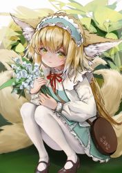Rule 34 | 1girl, absurdres, animal ear fluff, animal ears, arknights, bag, blonde hair, blue dress, brown bag, brown footwear, dress, flower, fox ears, fox girl, green eyes, hair down, highres, holding, holding flower, lily of the valley, long hair, long sleeves, looking at viewer, multiple tails, official alternate costume, pantyhose, satchel, shoes, sishima, solo, squatting, suzuran (arknights), suzuran (spring praise) (arknights), tail, white pantyhose