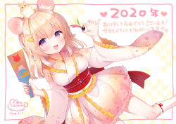 Rule 34 | 1girl, :d, animal, animal ears, animal on head, blush, braid, breasts, cheese hair ornament, chinese zodiac, commentary request, dated, floral print, food-themed hair ornament, frilled kimono, frills, hagoita, hair between eyes, hair ornament, hanetsuki, heart, holding, japanese clothes, kimono, kneehighs, light brown hair, long hair, long sleeves, looking at viewer, medium breasts, mouse ears, new year, obi, on head, open mouth, original, paddle, print kimono, red eyes, ribbon-trimmed legwear, ribbon trim, sash, shuttlecock, signature, smile, socks, solo, usashiro mani, white kimono, white socks, wide sleeves, year of the rat