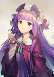 Rule 34 | 1girl, adapted costume, blue bow, blunt bangs, bow, capelet, commentary request, crescent, crescent pin, dress, eho (icbm), gradient background, hair bow, hat, highres, long hair, long sleeves, looking at viewer, mob cap, parted lips, patchouli knowledge, pink capelet, purple eyes, purple hair, red bow, sidelocks, solo, striped clothes, striped dress, touhou, twirling hair, upper body, very long hair, white hat