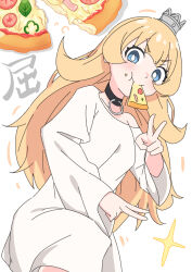 Rule 34 | 1girl, black collar, blonde hair, blue eyes, breasts, collar, crown, double v, eating, eyebrows hidden by hair, feet out of frame, food, food on face, hime-sama &quot;goumon&quot; no jikan desu, light blush, long hair, looking at viewer, mini crown, pizza, pizza slice, princess, rags, shizuna rem misurugi, simple background, small breasts, solo, sparkle, user javj5342, v, white background
