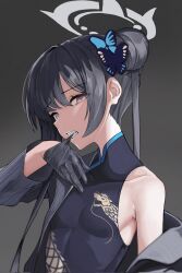Rule 34 | 1girl, anejanej6, bare shoulders, biting, black dress, black gloves, black hair, blue archive, breasts, butterfly hair ornament, china dress, chinese clothes, double bun, dragon print, dress, glove biting, gloves, grey jacket, hair bun, hair ornament, halo, head tilt, highres, jacket, kisaki (blue archive), long hair, long sleeves, looking at viewer, mouth hold, off shoulder, open clothes, open jacket, pinstripe jacket, pinstripe pattern, print dress, sleeveless, sleeveless dress, small breasts, solo, striped, teeth, teeth hold, very long hair