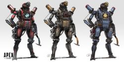 Rule 34 | absurdres, apex legends, blue eyes, cable, commentary, concept art, copyright name, english commentary, head tilt, highres, holding, holding pickaxe, humanoid robot, looking up, no humans, official art, orange eyes, pathfinder (apex legends), pickaxe, production art, prog (progwwww), prototype design, robot, science fiction, screen, shadow, variations