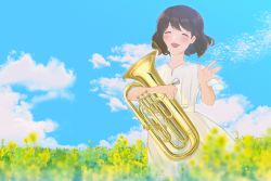 Rule 34 | 1girl, :d, blue sky, blurry, blurry foreground, blush, brown hair, closed eyes, cloud, dress, euphonium, field, flower, hand up, hibike! euphonium, highres, holding, holding instrument, instrument, open mouth, oumae kumiko, outdoors, plant, ratifuu, short hair, short sleeves, sky, smile, solo, standing, waving, white dress, yellow flower