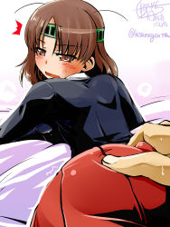 Rule 34 | ^^^, 10s, 1girl, artist name, ass grab, black shirt, blush, breasts, brown eyes, brown hair, chiyoda (kancolle), headband, hisame genta, kantai collection, looking back, lying, medium breasts, on stomach, open mouth, red skirt, shirt, signature, skirt, solo focus, sweat, twitter username
