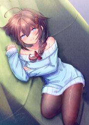 Rule 34 | 1girl, ahoge, bare shoulders, blue eyes, blue sweater, braid, brown hair, closed eyes, collarbone, commentary request, commission, couch, hair between eyes, hair flaps, hair ornament, hair ribbon, ittokyu, kantai collection, looking at viewer, lying, off-shoulder sweater, off shoulder, on side, open mouth, pantyhose, ribbon, shigure (kancolle), shigure kai ni (kancolle), sidelocks, signature, single braid, solo, sweater