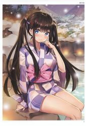 Rule 34 | 1girl, absurdres, arm support, artist name, ayamy, black hair, blue eyes, blush, bow, bowtie, breasts, closed mouth, fingernails, hair bow, hair ornament, hand up, highres, japanese clothes, kimono, lips, looking at viewer, medium breasts, miyawaki sana, night, outdoors, page number, scan, shiny skin, simple background, sitting, smile, snow, snowing, solo, thighs, toranoana, tree, twintails, water, wide sleeves, x hair ornament, yukata