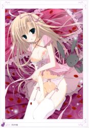 Rule 34 | 1girl, :&lt;, absurdres, aftersex, babydoll, blonde hair, blue eyes, breasts, clothes pull, cum, cum on body, cum on breasts, cum on upper body, dress pull, garter belt, hair ribbon, highres, huge filesize, inugami kira, long hair, lying, nipples, no bra, no panties, open mouth, petals, pillow, pussy, ribbon, rose petals, stuffed animal, stuffed rabbit, stuffed toy, tears, thighhighs, white thighhighs