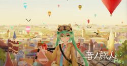 Rule 34 | 1girl, absurdres, aircraft, apple, blue eyes, blue hair, blue necktie, cityscape, closed mouth, collared shirt, commentary, flag, food, fruit, goggles, goggles on head, hair between eyes, hat, hatsune miku, highres, holding, holding food, holding fruit, hot air balloon, looking at viewer, megami benka, necktie, outdoors, shirt, smile, solo, translated, twintails, vocaloid, wide shot