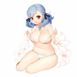 Rule 34 | 1girl, :d, absurdres, bare arms, bare shoulders, bikini, black ribbon, blue hair, blush, braid, breasts, cleavage, collarbone, curvy, dopamine70, floral background, french braid, full body, girls&#039; frontline, hair ribbon, highres, large breasts, long hair, looking at viewer, low twintails, micro bikini, navel, open mouth, red eyes, ribbon, shiny skin, sitting, skindentation, smile, solo, spas-12 (girls&#039; frontline), stomach, swept bangs, swimsuit, thighs, twintails, untied bikini, white background, white bikini, yokozuwari