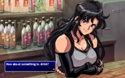 Rule 34 | 1990s (style), 1girl, bar (place), black hair, bottle, breasts, brown eyes, cleavage, commentary, david liu, detached sleeves, dithering, english text, final fantasy, final fantasy vii, fingerless gloves, gloves, long hair, parody, pc-98 (style), pixel art, retro artstyle, sabotender, signature, smile, square enix, style parody, tifa lockhart, user interface