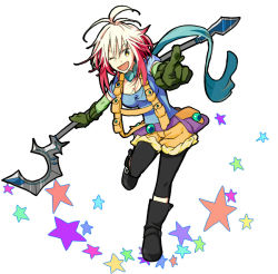 Rule 34 | 1girl, airking, bad id, bad pixiv id, blue shirt, boots, full body, knee boots, multicolored hair, pascal (tales), pointing, red hair, scarf, shirt, solo, staff, standing, standing on one leg, star (symbol), starry background, tales of (series), tales of graces, two-tone hair, white background, white hair