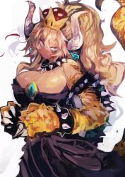 Rule 34 | 1girl, absurdres, armlet, bare shoulders, black collar, black dress, blonde hair, blue eyes, bowsette, bracelet, breasts, brooch, claws, closed mouth, collar, crown, dress, earrings, fang, fang out, highres, huge breasts, jewelry, kaamin (mariarose753), long hair, mario (series), new super mario bros. u deluxe, nintendo, solo, spiked bracelet, spiked collar, spikes, super crown, tail, turtle shell