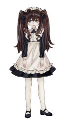 Rule 34 | 1girl, alternate costume, apron, black bow, black dress, black footwear, blue eyes, bow, brown hair, dot nose, dress, elisia valfelto, enmaided, full body, hair bow, highres, long hair, long sleeves, luicent, maid, maid apron, maid headdress, original, pale skin, pantyhose, parted lips, shoes, simple background, solo, twintails, white apron, white background, white pantyhose