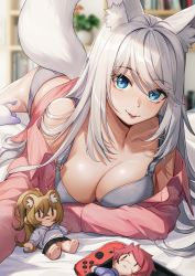 Rule 34 | 1girl, animal ear fluff, animal ears, blue eyes, blurry, blurry background, blush, bra, breast hold, breasts, character doll, cleavage, closed mouth, fox ears, fox girl, fox tail, grey bra, grey panties, highres, illian-san, indoors, large breasts, long hair, long sleeves, looking at viewer, meridian project, mizuki (vtuber), nintendo switch, on bed, original, panties, pink shirt, shirt, solo, tail, tongue, tongue out, underwear, virtual youtuber, white hair