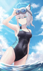 Rule 34 | 1girl, absurdres, aimpoleume, animal ear fluff, animal ears, black one-piece swimsuit, blue archive, blue eyes, blue sky, breasts, cloud, competition swimsuit, covered navel, cowboy shot, cross hair ornament, extra ears, goggles, goggles on head, grey hair, hair ornament, halo, highres, looking at viewer, low ponytail, medium breasts, medium hair, mismatched pupils, multicolored clothes, multicolored swimsuit, one-piece swimsuit, shiroko (blue archive), shiroko (swimsuit) (blue archive), sky, soaking feet, solo, swimsuit, water