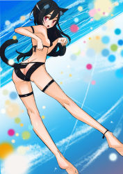 Rule 34 | 1girl, :o, animal ears, anklet, ass, ass cutout, bare shoulders, barefoot, bikini, black bikini, black hair, blush, butt crack, cat ears, cat tail, clothing cutout, from behind, gradient background, jewelry, long hair, looking at viewer, looking back, open mouth, original, pink eyes, solo, swimsuit, tail, tajima ryuushi, thigh strap