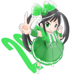 Rule 34 | 1girl, ariyasu momoka, bad id, bad pixiv id, black hair, canamono, from above, green eyes, highres, long hair, momoiro clover z, ok sign, smile, solo, standing, twintails, v, white background