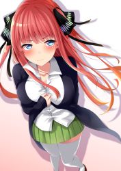 Rule 34 | 1girl, absurdres, black ribbon, blue eyes, blunt bangs, blush, breasts, cardigan, closed mouth, collarbone, collared shirt, embarrassed, frown, go-toubun no hanayome, hair ornament, hair ribbon, hand up, highres, large breasts, long hair, long sleeves, looking at viewer, nakano nino, pleated skirt, purple cardigan, red hair, ribbon, shirt, sidelocks, skirt, solo, thighhighs, untucked shirt, v-shaped eyebrows, white shirt, white thighhighs, yigra don