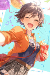 Rule 34 | 1boy, 1girl, bag, balloon, belt, blue background, blue shirt, blurry, blush, border, breasts, brown belt, brown hair, brown skirt, chibi, chibi inset, closed eyes, confetti, depth of field, dot nose, food, hands up, holding, holding food, honda mio, idolmaster, idolmaster cinderella girls, idolmaster cinderella girls starlight stage, jacket, long sleeves, medium breasts, open clothes, open jacket, open mouth, orange jacket, outside border, p-head producer, plaid, plaid skirt, pleated skirt, popcorn, producer (idolmaster), reaching, reaching towards viewer, shirt, short hair, shoulder bag, skirt, smile, white border, zattape