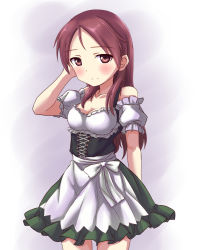 Rule 34 | 1girl, a9b (louis814), bare shoulders, blush, breasts, cleavage, dirndl, dress, german clothes, highres, looking at viewer, minna-dietlinde wilcke, red eyes, red hair, smile, solo, strike witches, underbust, world witches series