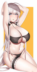 Rule 34 | 1girl, ahoge, armpits, arms behind head, arms up, azur lane, bad id, bad pixiv id, bikini, blue eyes, blush, breasts, cleavage, cosplay, curvy, highres, illustrious (azur lane), large breasts, long hair, looking at viewer, navel, silver hair, sirius (azur lane), sirius (scorching-hot seirios) (azur lane), sitting, siu (siu0207), smile, solo, swimsuit, tongue, tongue out, very long hair