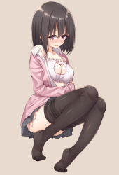Rule 34 | 1girl, bare shoulders, black hair, black thighhighs, blush, breasts, cat cutout, cat ear panties, cat lingerie, cleavage, cleavage cutout, clothing cutout, full body, grey skirt, hair between eyes, highres, large breasts, long sleeves, looking at viewer, meme attire, mikazuchi zeus, nose blush, off shoulder, open clothes, open mouth, original, panties, pleated skirt, school uniform, shiny skin, short hair, side-tie panties, simple background, skirt, solo, thighhighs, underwear