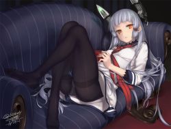 Rule 34 | 10s, 1girl, armchair, artist name, black pantyhose, blue hair, breasts, chair, couch, dated, dress, feet, handheld game console, headgear, holding, kantai collection, long hair, looking at viewer, lying, matching hair/eyes, murakumo (kancolle), no shoes, on back, orange eyes, orange hair, panties, panties under pantyhose, pantyhose, playstation portable, rokuwata tomoe, sailor dress, school uniform, serafuku, short dress, signature, silver hair, small breasts, solo, twitter username, underwear, white panties