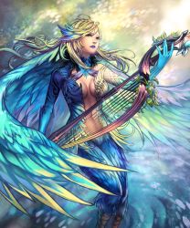 Rule 34 | 1girl, blonde hair, blue lips, fantasy, harp, harpy, head wings, instrument, midriff, monster girl, multicolored hair, navel, niji2468, original, solo, winged arms, wings
