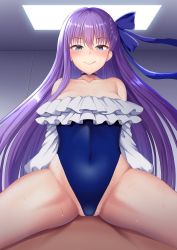 Rule 34 | 1boy, 1girl, blue eyes, cameltoe, covered navel, fate (series), girl on top, highres, leotard, licking lips, long hair, meltryllis, meltryllis (fate), meltryllis (swimsuit lancer) (fate), naughty face, partially visible vulva, purple hair, ribbon hair, sexually suggestive, smile, sweat, thighs, tongue, tongue out