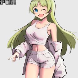 Rule 34 | 1girl, ;d, bare shoulders, blush, breasts, cleavage, commentary request, crop top, dated, green hair, highres, idolmaster, idolmaster million live!, jacket, jacket partially removed, koitusmile, large breasts, linea alba, long hair, looking at viewer, navel, one eye closed, open mouth, shimabara elena, short shorts, shorts, simple background, smile, solo, straight hair, tank top, thighs, very long hair, white jacket, white shorts, white tank top