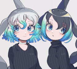 Rule 34 | 2girls, absurdres, alternate costume, black hair, black sweater, blonde hair, blowhole, blue eyes, blue hair, cetacean tail, choker, common bottlenose dolphin (kemono friends), common dolphin (kemono friends), dolphin girl, dorsal fin, fins, fish tail, grey hair, hair between eyes, highres, kanmoku-san, kemono friends, long sleeves, matching outfits, multicolored hair, multiple girls, short hair, sweater, tail, turtleneck, turtleneck sweater, v-neck, white choker, white hair