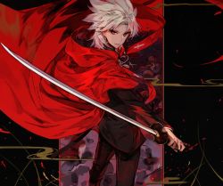 Rule 34 | 1boy, amakusa shirou (fate), black jacket, black pants, brown eyes, cape, closed mouth, fate/apocrypha, fate (series), holding, holding sword, holding weapon, jacket, katana, long sleeves, looking at viewer, male focus, mo (mocopo), pants, red cape, reverse grip, smile, solo, standing, sword, weapon, white hair